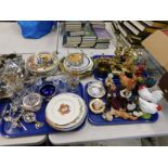 Various brassware, glassware, Oriental plates, brass dish, hen ornaments, etc. (3 trays and other)