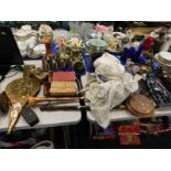 Various brassware, large bellows, plated ware, goblets, copper, coaching horn, small warming pan, ot