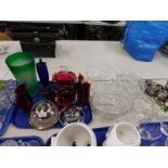 Various Studio style and other glassware, ruby and other glass, duck, etc. (1 tray)