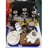 Various metalware, sphinx ornaments, candelabrum, Royal Albert Lavender Rose cups and saucers, pictu