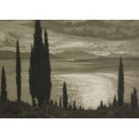 Percival Gaskell (1868-1934). Twilight scene, trees before lake and mountains, artist signed etching