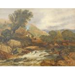 John Lloyd Bond (fl. 1868). Rough stream before figure on path with cottage and trees with clouds ga