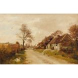 William Greaves (1852-1938). Country lane, figure driving cattle and figures aside cottage, oil on c