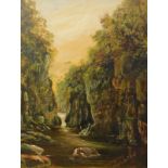 J. Harrison Berlinson (fl. 1891). Calm stream before cliffs and trees, oil on board, signd and dated