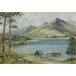 W Gillies Buchanan (20thC). Mountainous landscape, jetty before lake and mountains, watercolour, sig