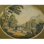 19thC English School. Regency figures on a path before bridge and hills, mixed media, watercolour, p