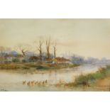 Henry Charles Fox (1855/60-1929). River scenes with barge and sailing boat, watercolour - pair, sign