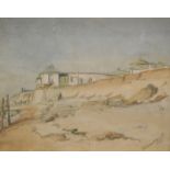 A.H. Brocklebank (fl.1955). Seascape, beach scene before figures in house, watercolour, signed, 26cm