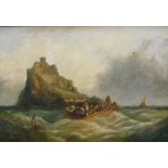 T.C. Cook (fl. 1872). St Michael's Mount, figures in rowing boats on rough seas, oil on canvas, sign
