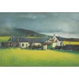McIntyre (20thC). Fields before bungalow with hill in the distance and clouds gathering, oil on canv