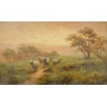 G.E. Reinton (19thC School). Sheep on a path, twilight evening, oil on board, signed, 12cm x 19cm.