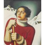 School of Tamara de Lempicka. Portrait, figure of a lady quarter profile before snowcapped hills, oi