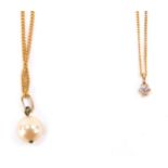 Two 9ct gold pendants and chains, comprising a cultured pearl drop pendant on fine link chain, 44cm