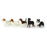 Five Beswick dog ornaments, comprising two Jack Russells, Rottweiler, Collie, and a Beagle, tallest