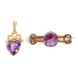 Two items of amethyst jewellery, comprising a heart shaped amethyst pendant with seed pearl bow top,