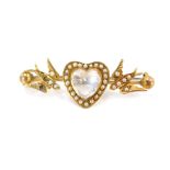 A Victorian bar brooch, with central heart emblem set with moonstone, with two swallows each set wit