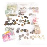 A group of mixed coinage, comprising Millennium 2000 £5 coin, various world used coinage and bank no