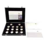 Royal Mint 25th Anniversary silver One Pound Coin Collection 2008, in a fitted case. (14)