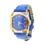 A Hamilton ladies dress watch, the square dial with blue enamel backing, gold coloured hands with se