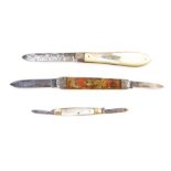 Three pen knives, comprising a Victorian mother of pearl and silver handled pen knife, with name M I
