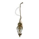 A brass hanging electrolier, the orb section with winged figures and shells, with a n opaque glass s