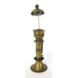 A GWR brass railway carriage oil lamp, with a glass shade top and applied brass plaque stamped GWR,