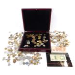 A large group of British and Foreign coins and notes, to include 10 shilling bank note, pound note,