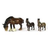 Three Beswick horse ornaments, comprising two Beswick Shetlands, 12cm high, and a Beswick Shire Hors