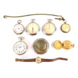 A group of pocket watches, comprising a continental fob watch, with white enamel dial and painted ce