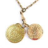 A George III gold guinea 1787 pendant locket and chain, the guinea with pendant mount, together wit