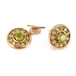 A pair of 9ct gold peridot and CZ set cluster earrings, each of circular design with central peridot