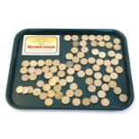 Seventy five assorted £1 coins, various dates and issues, two fake £1 coins together with 20p coins,