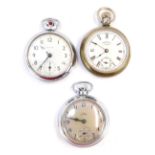 Three pocket watches, comprising an Ingersoll Crown silver plated pocket watch, an Ingersoll chrome