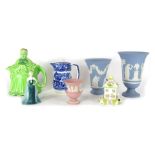 A group of ceramics, comprising The Summer House by Coalport, two blue Wedgwood Jasperware vases, a