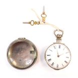 A Victorian gentleman's silver pair cased pocket watch, open faced, key wind, white enamel dial bear
