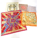 A group of designer vintage scarves, comprising two Hermes Paris silk scarves, Ceintures et Liens by