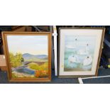 Three framed prints, to include after Alan Fairbrass, Swans, a oil on board mountainous scene, unsig