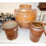 A group of stone ware pots, comprising a large vase and two others. (3)