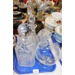 Various glassware, three decanters, orange coloured glass vase, etc. (1 tray)