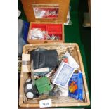 A group of costume jewellery and effects, small pine jewellery box, camera, commemorative coins, etc