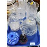 A quantity of glassware, comprising a pair of cut glass goblets, a blue cut glass vase, an Ikea dome