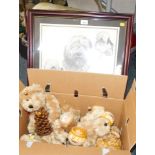 After Vicki. Old English Sheepdog, print, framed and a group of honey Teddy bears. (1 box and 1 pi