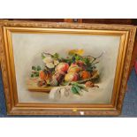 20thC School. A fruits and flowers still life on table, print on board, in ornate frame.