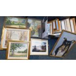 A group of pictures and prints, Betty Adams woodland scene, CA Conway oil on boards, etc. (1 box)