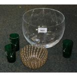 A Venetian glass gold lustre bowl, set of three green glass tumblers, and a glass Neo Classical engr