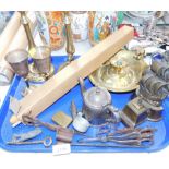 Brass and copper trinkets, candle stands, candlesticks, ship inkwell, wick trimming scissors, etc.
