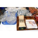Household wares, two material trays, glass vase, glassware, biscuit tin, cut glass items, etc. (3 tr