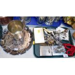 A group of silver plated wares and jewellery, cigarette cases, lighters, sugar tongs, gentleman's cu