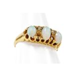 An 18ct gold opal and diamond dress ring, with three oval opals each in claw setting, and design of