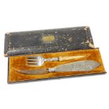 A pair of 19thC horn handled plated fish servers, in a fitted case bearing presentation plaque to th